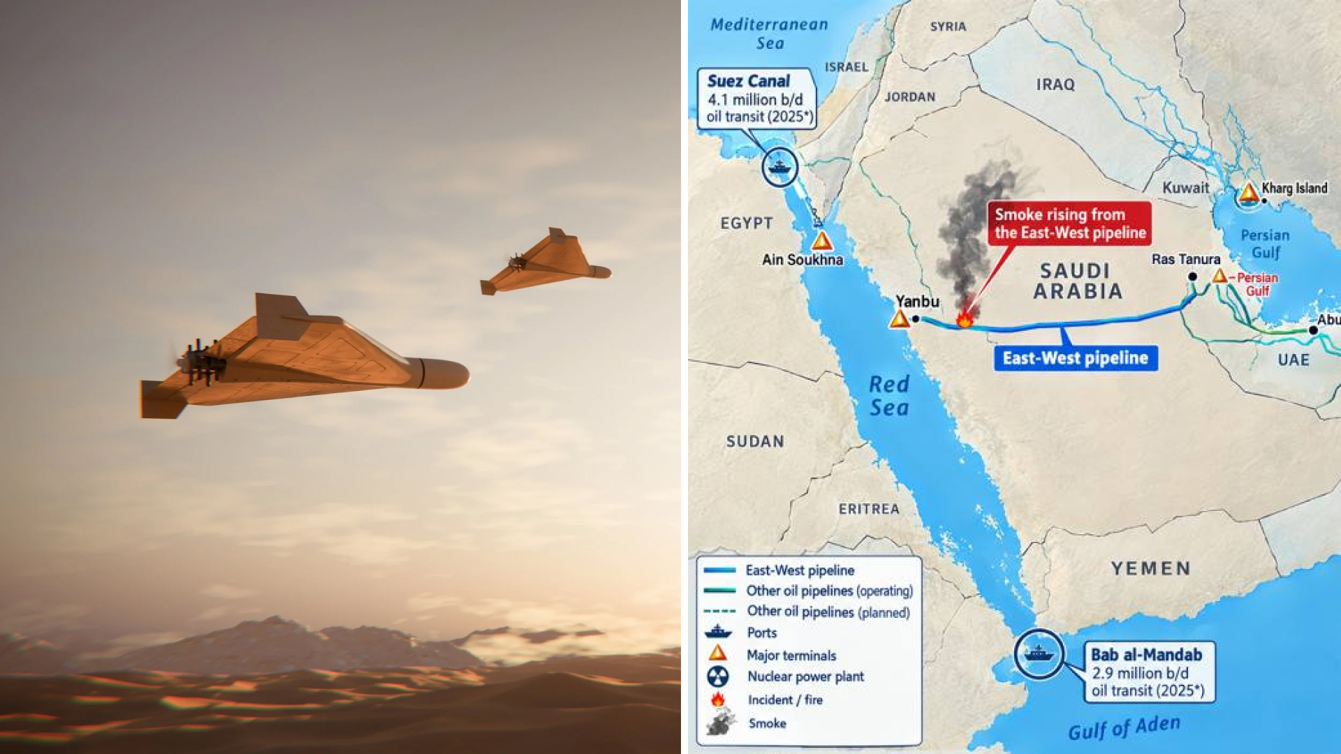 Arabia Saudită suspendă transportul prin conducta Est-Vest după un atac cu drone dinspre Irak